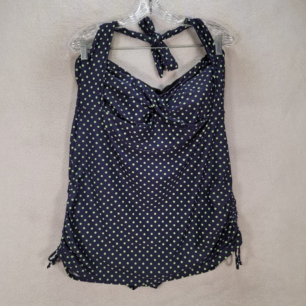 Tropiculture Navy Rockabilly Halter Polka Dot Ruch 50s Style One Piece Swimsuit